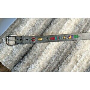 Genuine Grey Leather Embroidered Southwestern Boho Belt Unisex Waist 33-37"
